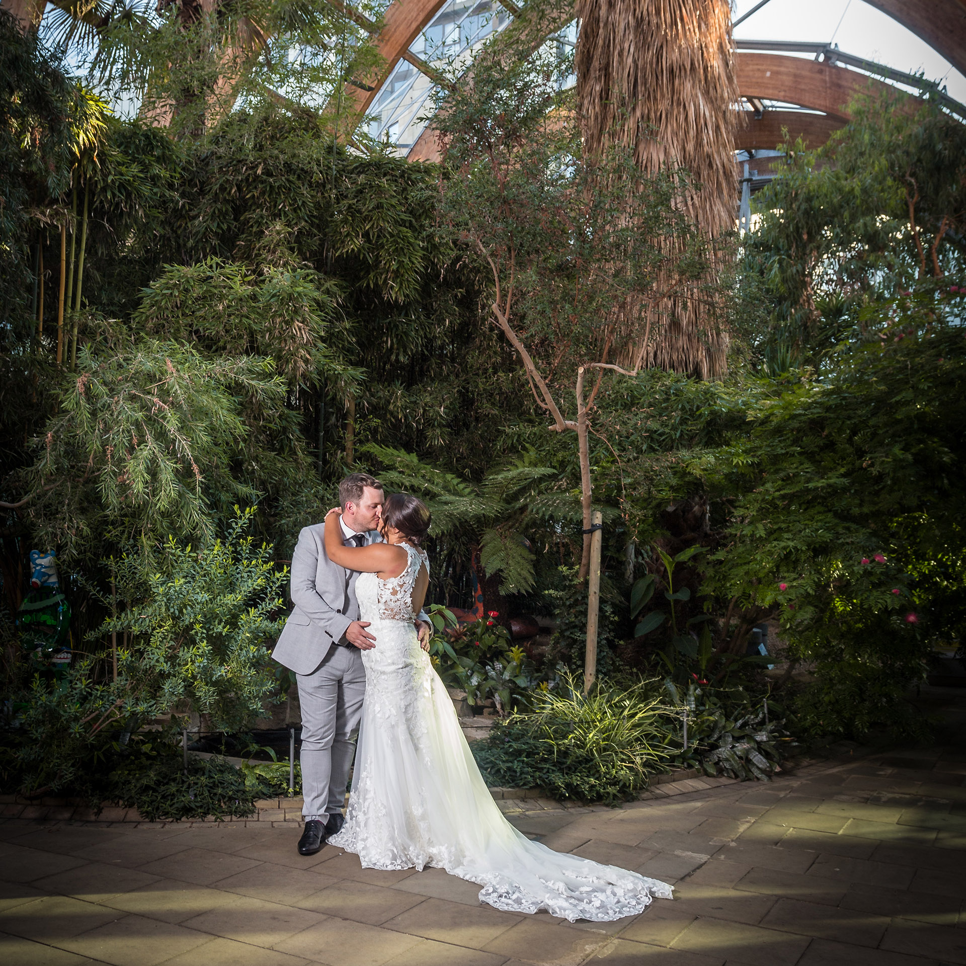 Bride and groom formal photo a Sheffield Winter Gardens